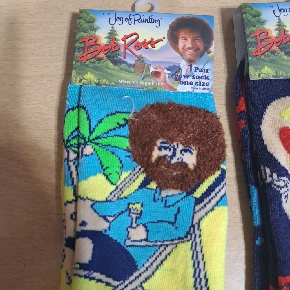 Bob Ross The Joy Of Painting Funny Novelty Crew Socks Unisex Lot Of 2 NWT